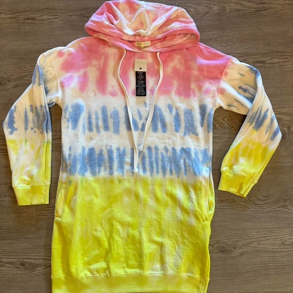 Ultra Flirt tie-dye hoodie dress in pink, yellow and blue.